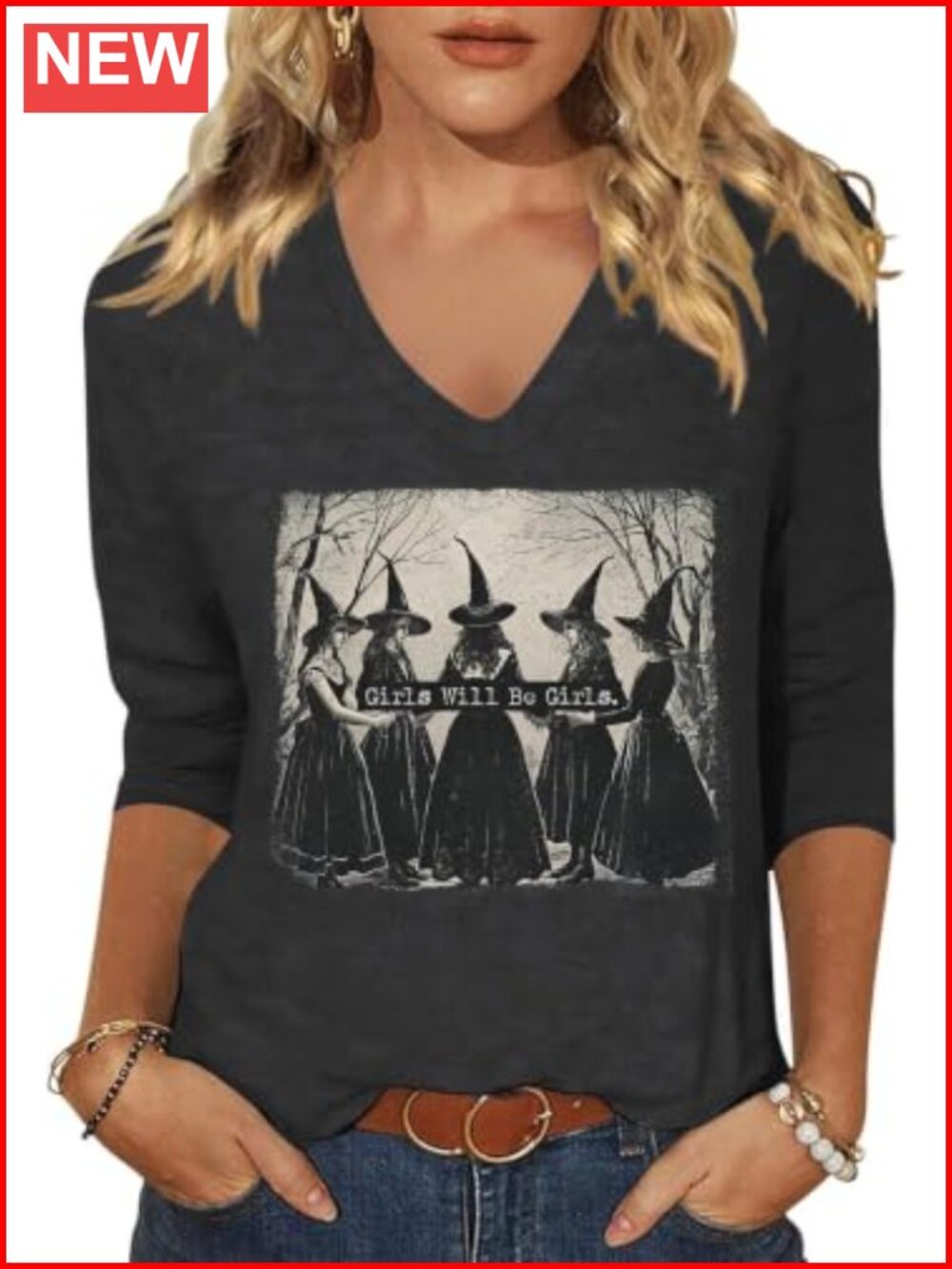 Womens Halloween 3/4 Sleeve V Neck Spooky Season Graphic Tee Fall Top